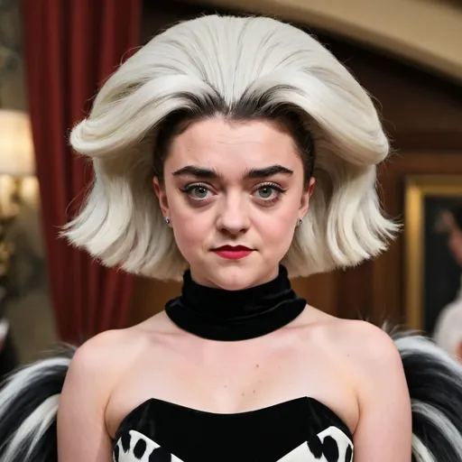 Prompt: maisie williams dressed as cruella deville from 101 dalmations with a massive beehive hairstyle