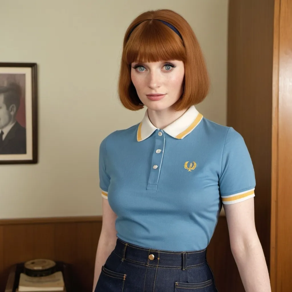 Prompt: bryce dallas howard, dressed as a 1960s mod woman, wearing a 1960s fred perry polo shirt and a denim skirt, 1960s bowlcut with bangs hairstyle