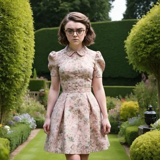 Prompt: Maisie Williams a stepford wife woman, massive bouffant flip hairdo, summerdress, high heels, cat eye glasses, standing in a garden