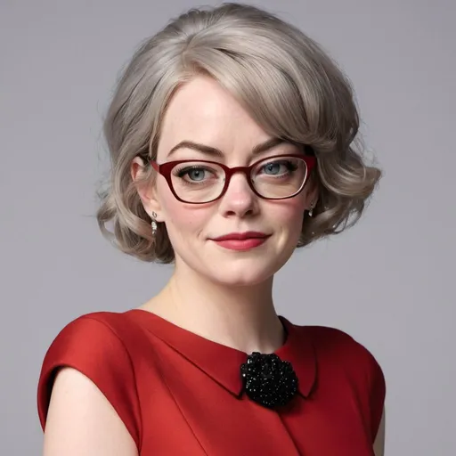 Prompt: Emma Stone as a old granny woman, big pointed nose, grey bouffant updo hair, cat eye glasses, tight red dress, heavy makeup, high heels, wrinkles