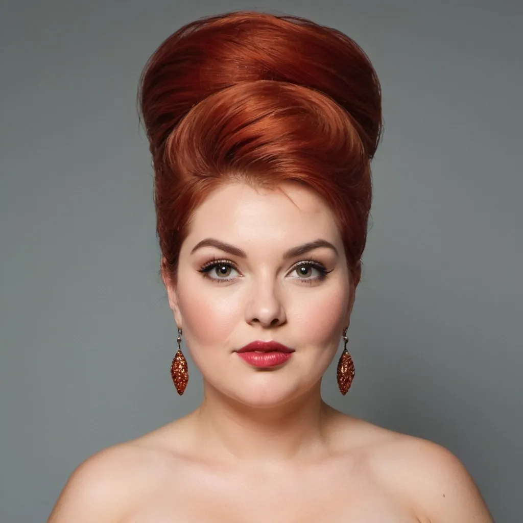 Prompt: plump woman with long red big bouffant beehive hair