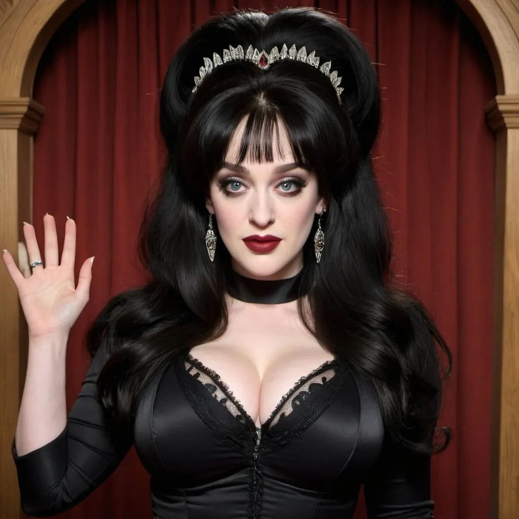 Prompt: Kat Dennings Dressed as Elvira Mistress of the dark, Big bouffant Beehive black hair