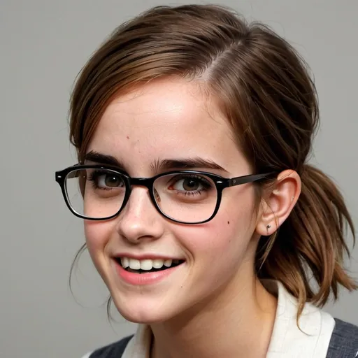 Prompt: Emma Watson dressed as a dorky nerdy geeky girl, glasses, crooked teeth, acne, greasy hair
