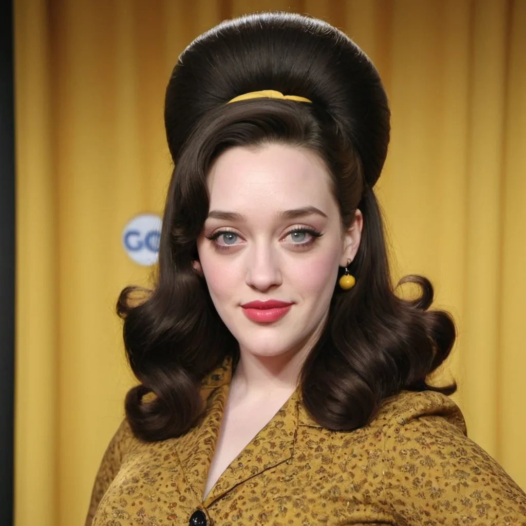 Prompt: Kat Dennings dressed as a 1960's woman with big bouffant beehive hair