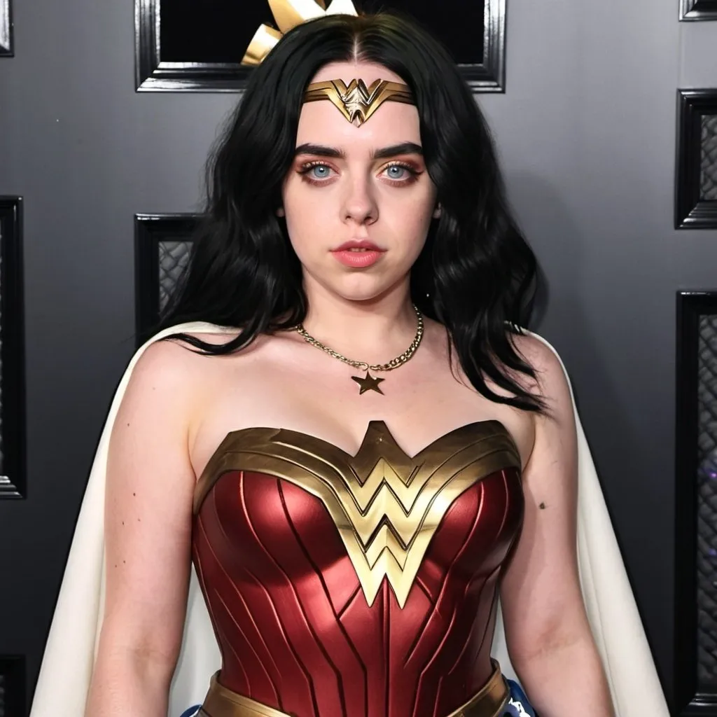 Prompt: Billie Eilish dressed as Wonder Woman  with big bouffant black hair