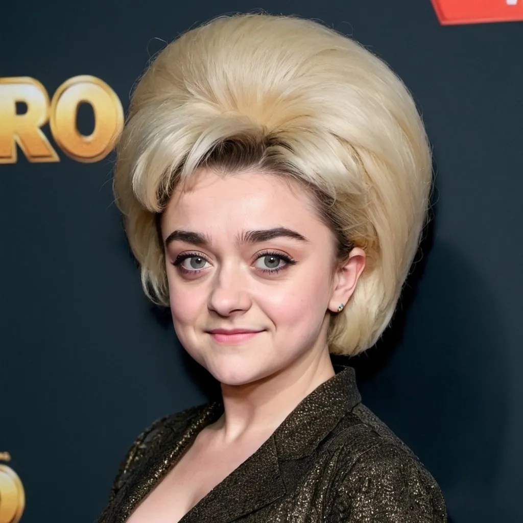 Prompt: Maisie Williams dressed as barbara windsor with big bouffant beehive long hair