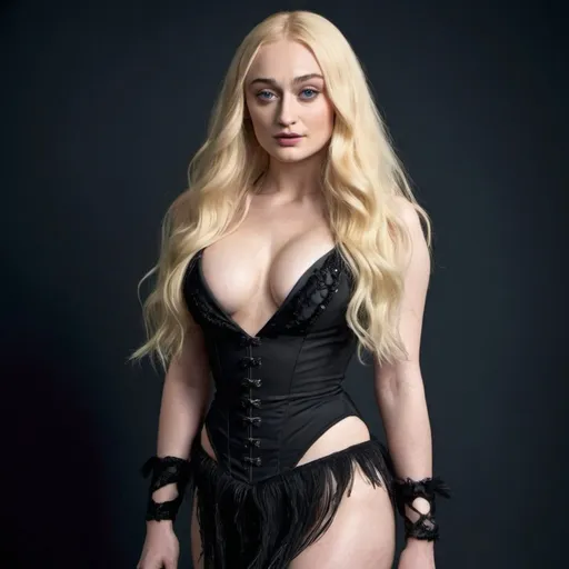Prompt: full body photo sophie turner dressed as a burlesque dancer with bleach blonde very long hair