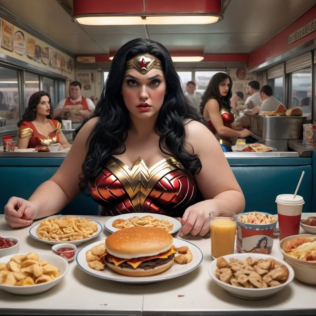 Prompt: setting, a diner, a overweight Wonder Woman, with long black hair, wearing wonder woman costume, surrounded by half eaten food, realism style, detailed face
