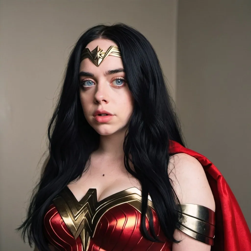 Prompt: Billie Eilish dressed as Wonder Woman  with big bouffant black hair