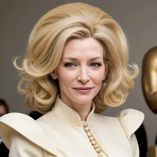 Prompt: Cate Blanchett dressed as stepford wife with massive bouffant beehive long blonde hair