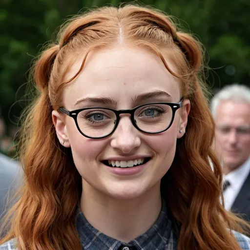 Prompt: Sophie Turner as a nerd woman with wild frizzy hair, buck teeth, glasses, acne