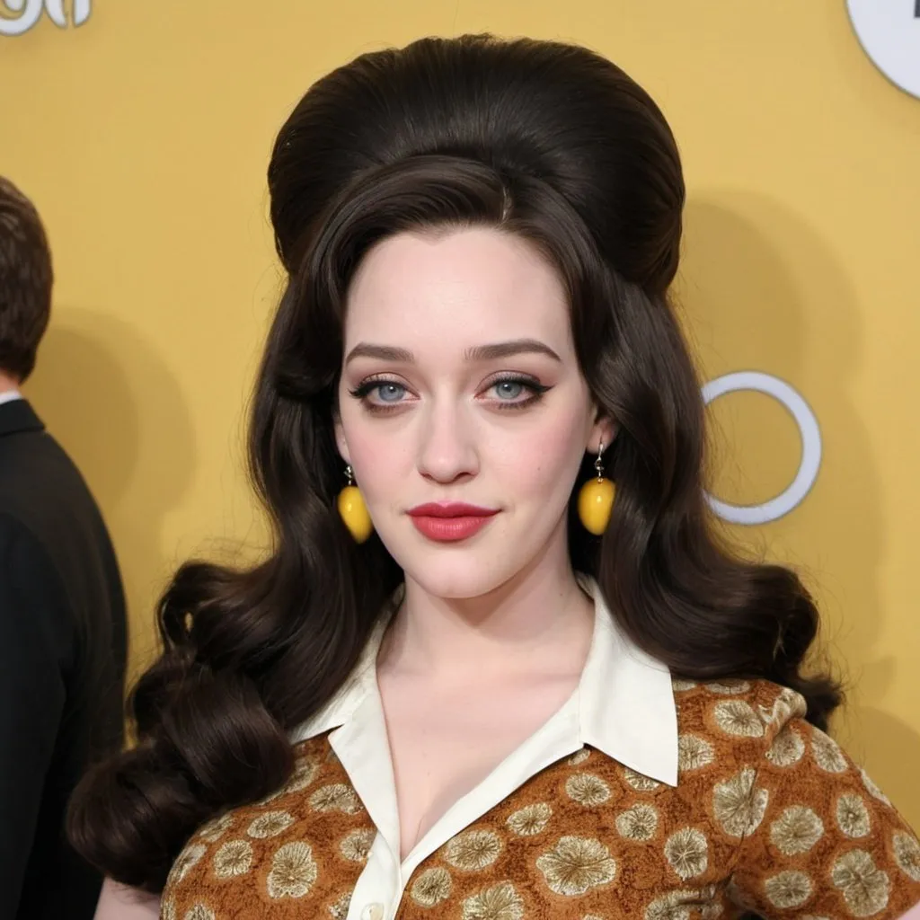 Prompt: Kat dennings dressed as a 1960's woman with big bouffant beehive hair