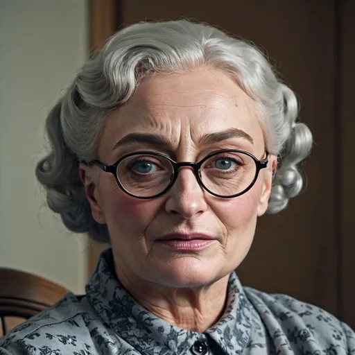 Prompt: Sophie Turner dressed as a old woman, short bouffant curly grey hair, glasses, wrinkles, granny, plump