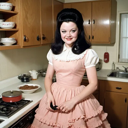 Prompt: meg white conservative housewife in a kitchen, dazed smile, tan skin, wearing a poofy modest frilly dress, lipstick, eyeshadow, huge bouffant 1960s hair, 