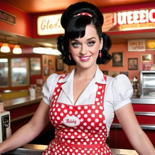 Prompt: Katy Perry transformed into a vibrant and overweight BBW chubby waitress, with an infectious smile that lights up the room. She is dressed in a classic, yet slightly snug, red and white polka-dotted waitress outfit, the apron cinched around her waist accentuating her curves. A towering giant bouffant beehive hairstyle, styled to perfection with a touch of playful pink streaks, sits atop her head, reaching new heights and demanding attention. Her makeup is dramatically enhanced, with bold winged eyeliner, flirty lashes that flutter with every blink, and a rosy blush that highlights her now plump cheeks. The photo style is reminiscent of a 1950s diner, complete with a soft focus and warm, inviting lighting that casts a nostalgic glow over her detailed face. Her eyes sparkle with mischief and a hint of exhaustion, a nod to her hardworking character. The full body shot captures her in mid-stride, tray balancing expertly in one hand, as she weaves through a bustling restaurant scene. Despite her newfound size, she exudes confidence and charm, her personality shining through the additional pounds. The vivid colors and high contrast of the scene make every detail pop, from the gleaming chrome of the jukebox in the background to the shine of the vinyl booths. This unexpected and whimsical transformation invites viewers to appreciate the beauty in diversity and the power of embracing one's true self, regardless of societal standards.