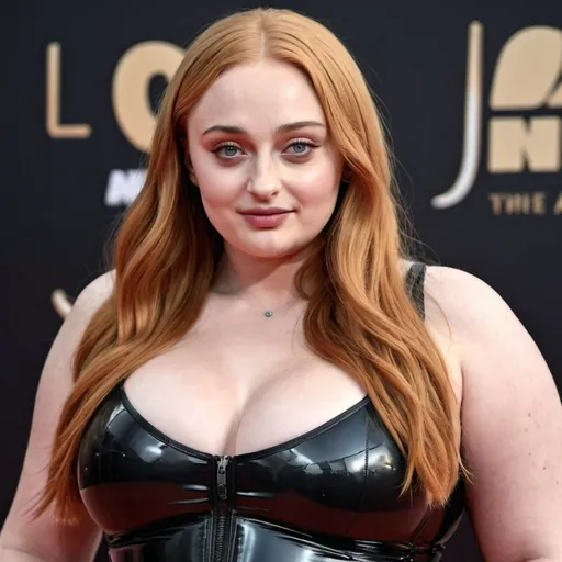 Prompt: obese sophie turner with a big belly wearing a latex bodysuit, detailed face
