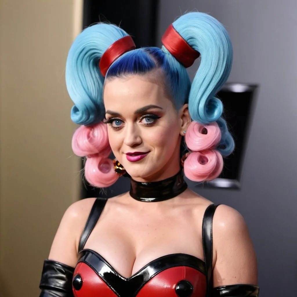 Prompt: katy perry dressed as harley Quin with big bouffant pigtail hair