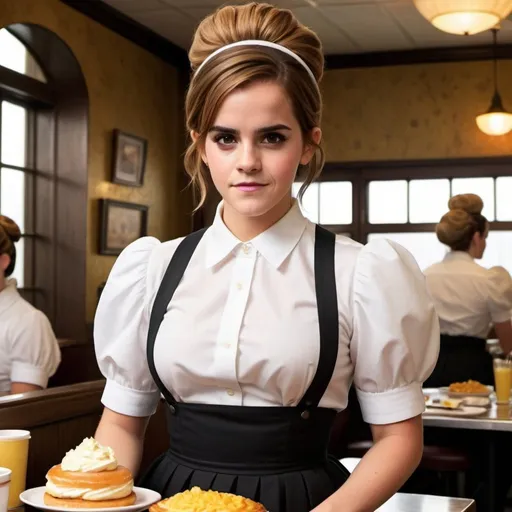 Prompt: Emma Watson a overweight waitress, wearing waitress outfit, giant bouffant beehive hairstyle, makeup, photo style, detailed face, full body
