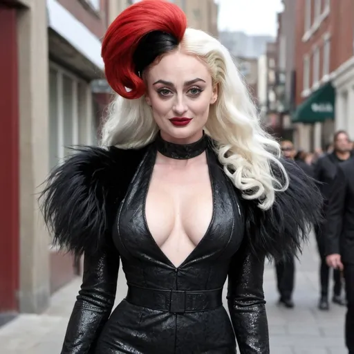 Prompt: Sophie Turner dressed as Cruella Deville
