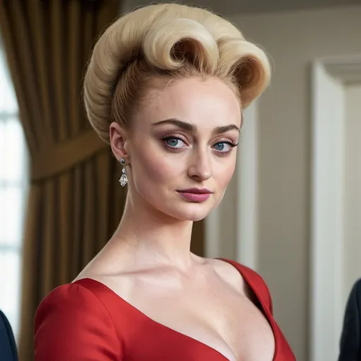 Prompt: Sophie Turner a old stepford wife woman, with a grey big bouffant beehive hairstyle, wearing form fitting red dress, photo style, detailed face