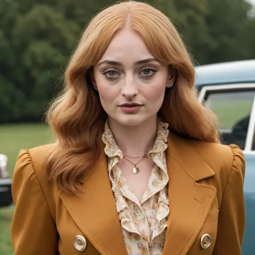 Prompt: sophie turner, dressed as a 1970s woman, wearing a 1970s blazer with a wide collar, a frilly shirt and a pencil skirt, 1970s bouffant mullet shag with bangs hairstyle