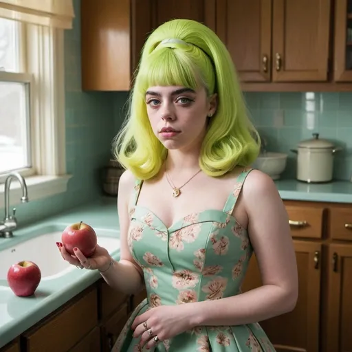 Prompt: Billie Eilish transformed into a modern-day Stepford Wife, with a playful twist of retro glamour. She stands in the center of an immaculate 1960s-inspired kitchen, her iconic bouffant hairstyle meticulously styled to perfection. The bouffant, a signature look of the era, is a stark contrast to her usual loose locks, yet it sits harmoniously atop her head, framing her delicate features. Her eyes are lined with thick, winged liner that extends into a dramatic point, reminiscent of the dramatic flair of the time. The kitchen is a vibrant tableau of pastel hues, with mint green cabinets and a baby pink refrigerator that pop against the gleaming white countertops. Billie wears a figure-hugging dress in a floral pattern that screams '60s chic, complete with a cinched waist and a flared skirt that falls just above her knees. Her arms are adorned with elbow-length gloves, adding an elegant touch to her ensemble. In one hand, she holds a spatula, and in the other, a freshly baked apple pie, embodying the ideal of domestic bliss. However, the vibrant color of her hair, dyed in her signature neon green, breaks the mold of the traditional Stepford Wife, hinting at the underlying rebellion and nonconformity that is characteristic of her unique persona. Her expression is serene yet slightly mischievous, as if she's keeping a secret from the era she's stepped into. The scene is bathed in a soft, ethereal light that casts long shadows, creating an atmosphere that is both nostalgic and eerily surreal. The juxtaposition of Billie's avant-garde style with the quintessential 'perfect wife' aesthetic invites viewers to question the boundaries of feminine roles and societal expectations, all while celebrating the timeless appeal of retro fashion.