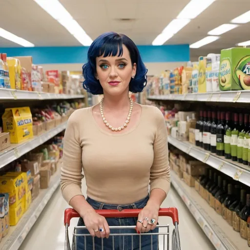 Prompt: Katy Perry in a meticulously crafted transformation as a middle-aged Karen, a term often used to describe a particular type of mom. She is donned in a classically styled beige blouse with a pearl necklace, a pair of high-waisted mom jeans, and white sneakers. Her youthful features are cleverly adapted with makeup to reflect maturity and a hint of sternness. The pièce de résistance is her hairstyle: a perfectly coiffed blonde bouffant stacked in a line bob that reaches just above her shoulders, each layer meticulously curled and sprayed to maintain its structure. Her hair color is a vibrant shade of blonde that stands out against her now-aged complexion. Katy's eyes are enhanced with rectangular spectacles with a blue tint, adding to the quintessential Karen look. She holds a shopping cart filled with various items, including a pack of disposable cameras, a box of wine, and a bag of avocados, suggesting a suburban grocery run. The background is a typical supermarket aisle with fluorescent lights and organized shelves of products, which complements her outfit and character. Despite the transformation, Katy's iconic smile is replaced by a slightly pursed lip and furrowed brow, exuding the Karen's signature look of being perpetually unamused yet ready to tackle any issue that may arise in the PTA meeting or neighborhood watch. The overall scene is a playful homage to the Karen stereotype, while simultaneously highlighting the stark contrast between her usual vibrant pop star persona and this more subdued, relatable character.