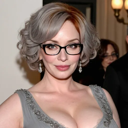 Prompt: christina hendricks dressed as a sultry mature chubby woman, 60 years old, grey bouffant hair, eyelashes, eyeshadow, glasses wrinkles, nightdress