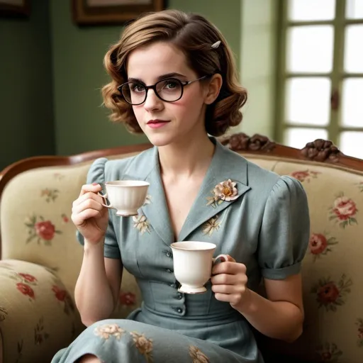 Prompt: Emma Watson a 1940s woman, with a pincurl hairstyle, wearing 1940s dress, cateye glasses, holding a cup of tea, sitting on a sofa, photo style, detailed face
