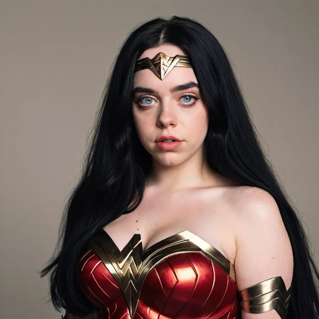 Prompt: Billie Eilish dressed as Wonder Woman  with big bouffant black hair