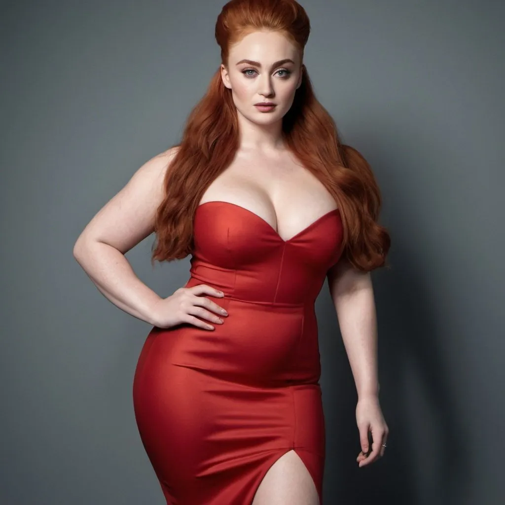 Prompt: sophie turner bbw chubby woman with long red big bouffant beehive hair full body shown, wearing tight dress full body shown