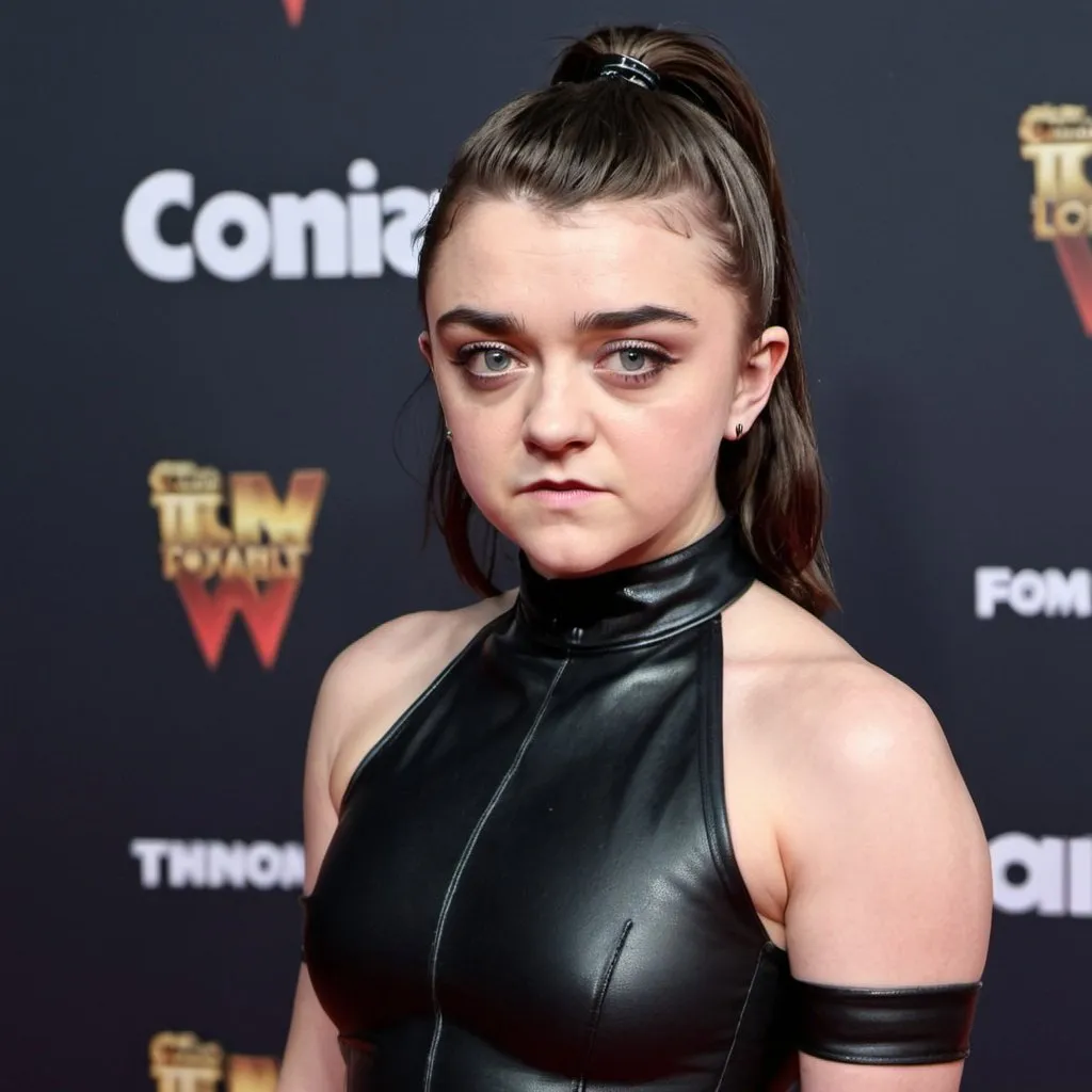 Prompt: maisie williams dressed as a dominatrix with a high long ponytail hairstyle 