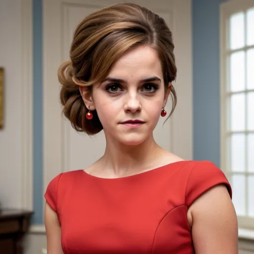 Prompt: Emma Watson a old stepford wife woman, with a big bouffant beehive hairstyle, wearing form fitting red dress, photo style, detailed face