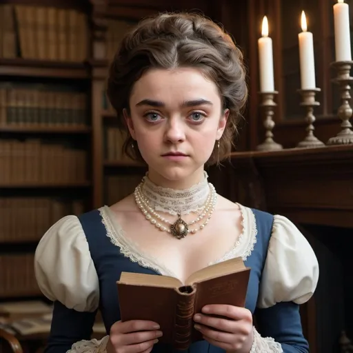 Prompt: Maisie Williams elegantly portrayed as a Victorian governess, her youthful beauty accentuated by a massive bouffant Gibson girl hairstyle. She is dressed in an exquisite high-collared dress with intricate lace detailing, reminiscent of the era's modest yet sophisticated fashion. The garment is a deep shade of blue, cinched at the waist to emphasize her silhouette, with long, puffed sleeves that cascade into dainty lace cuffs. The skirt flares out dramatically, brushing the floor and allowing a peek of her black button-up boots. The bouffant hairstyle is meticulously styled, with curls piled high atop her head, framing her face and creating a sense of grandeur. A delicate strand of pearls wraps around her neck, complementing the pearl earrings that dangle from her ears. In her hand, she holds a leather-bound book, symbolizing knowledge and discipline. Her gaze is soft yet focused, hinting at the strength of character required to navigate the complexities of a Victorian household. The background is a well-appointed library with floor-to-ceiling bookshelves filled with aged tomes and a warm, inviting fireplace, setting the scene for a tale of education and possibly, hidden secrets within the manor walls. The soft, natural light from the nearby window casts a gentle glow on her porcelain skin and the rich fabrics of her outfit, bringing the entire image to life with an air of timeless charm and mystery.