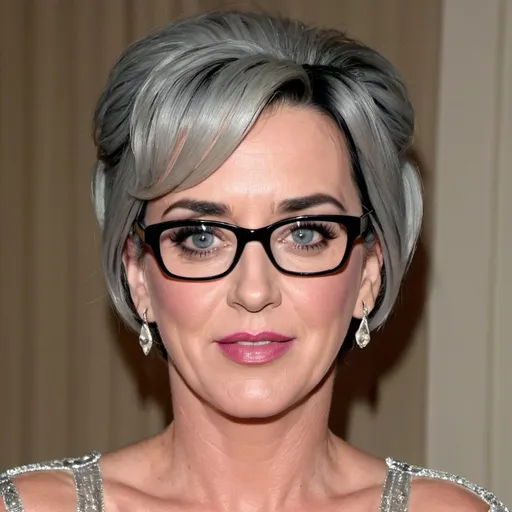 Prompt: katy perry dressed as a sultry mature woman, 60 years old, grey bouffant hair, eyelashes, eyeshadow, glasses wrinkles, nightdress