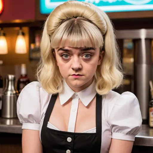 Prompt: maisie williams dressed as a cocktail waitress wearing a ammasive blonde bouffant wig