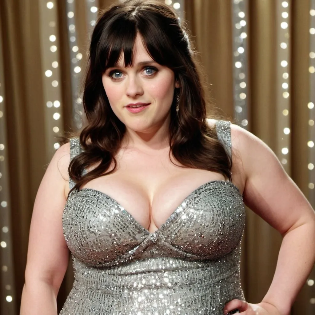 Prompt: fat Zooey Deschanel, chubby body, plump bbw, long hair, big chest, wearing a sparkly dress