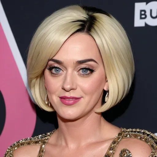 Prompt: katy perry dressed as a middle aged karen mom woman with a blonde bouffant stacked a line bob hairstyle