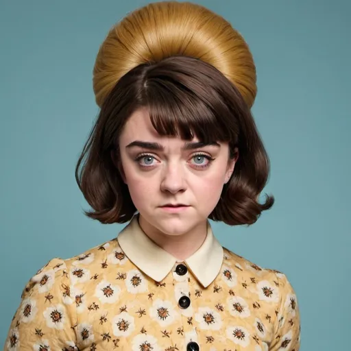 Prompt: Maisie Williams dressed as a 1960's woman with big bouffant beehive hair