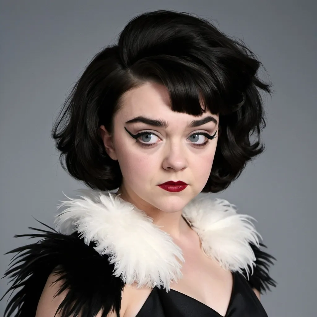 Prompt: Maisie Williams as cruella deville, wearing a black dress and a white feather boa, lipstick, eyeshadow, huge black and white bouffant 1960s hair, photo style