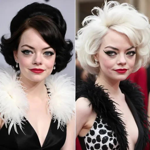 Prompt: Emma Stone as cruella deville, wearing a black dress and a white feather boa, lipstick, eyeshadow, huge black and white bouffant 1960s hair, before and after, photo style