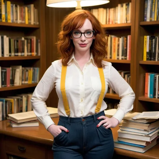 Prompt: Christina Hendricks, known for her figure, in a stark transformation. Gone are the signature curves, replaced by a stick-thin physique that seems almost unrecognizable. Her posture is slightly hunched, giving off a subtle air of shyness or self-consciousness. The vibrant hair that once framed her face has lost its luster, hanging limp and unkempt around her shoulders. A pair of thick-rimmed glasses sits slightly askew on her nose, lending her the stereotypical nerd look. Dressed in a baggy, ill-fitting outfit reminiscent of a geeky stereotype from the '80s, complete with a pocket protector and suspenders, she holds a book titled "Quantum Mechanics for Dummies." The background is a cluttered library, with bookshelves extending to the ceiling and a single desk lamp casting a pool of yellow light onto her workspace. The stark contrast between her newfound dorky appearance and her former glamour invites viewers to question the societal pressures and expectations of beauty and intelligence.