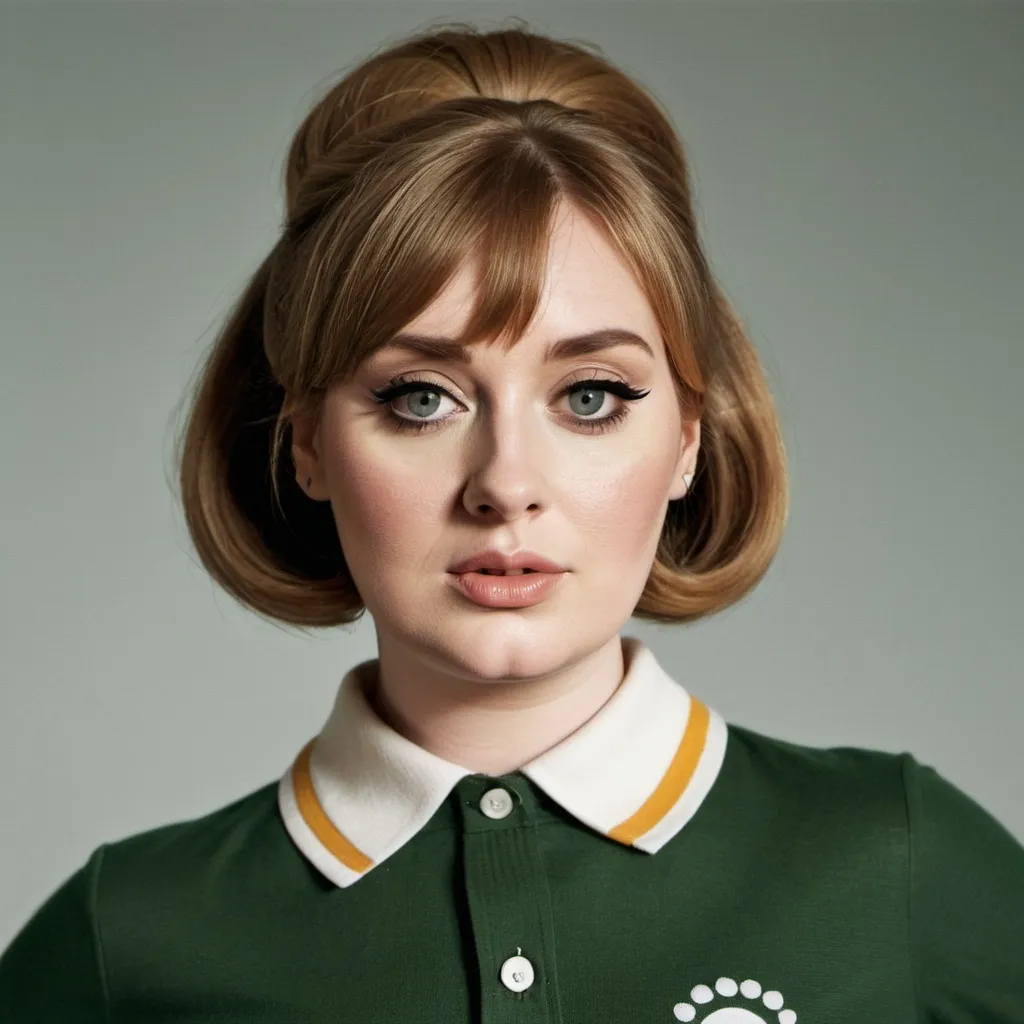 Prompt: Adele, dressed as a 1960s mod woman, wearing a 1960s fred perry polo shirt, short 1960s bowlcut with bangs hairstyle