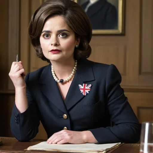 Prompt: Jenna Coleman dressed as Margaret thatcher