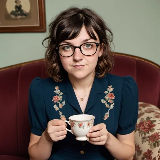 Prompt: Courtney Barnett a 1940s woman, with a pincurl hairstyle, wearing 1940s dress, cateye glasses, holding a cup of tea, sitting on a sofa, photo style, detailed face