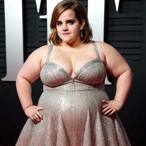 Prompt: fat Emma Watson, chubby body, plump bbw, long hair, big chest, wearing a sparkly dress