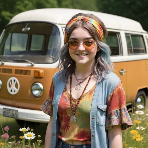 Prompt: Maisie Williams, known for her youthful and fiery portrayal of Arya Stark in Game of Thrones, in a delightful transformation as an old hippie woman. She's adorned with a vibrant, grey bouffant wig that's styled into two playful pigtails, each topped with a set of peace sign barrettes. The wig features bangs that graciously frame her face, giving her a youthful yet mature allure. Her makeup is kept minimal, allowing her youthful skin to glow with the essence of the 1960s. She's decked out in a tie-dye blouse with bell sleeves that cascade down to her fingertips, unbuttoned to reveal a crocheted vest in earthy tones. A necklace of wooden beads and a single peace sign charm adds to the authenticity of her ensemble. Around her neck, a pair of oversized, round sunglasses rest, reminiscent of John Lennon's iconic look. A colorful bandana wraps around her head, tying her pigtails together at the back. Her outfit is completed with a pair of high-waisted, faded denim bell-bottoms and a set of comfy, worn-in leather sandals. In the background, a VW camper van, adorned with flowers and peace signs, suggests a scene from Woodstock or a carefree road trip across the countryside. The setting is a serene meadow with a kaleidoscope of wildflowers that reach her knees, as if embracing her in a warm, nostalgic embrace. The sun kisses her skin with a warm glow, and her arms are open wide, welcoming the viewer to join her in the peace and love of a bygone era. Her smile is infectious, radiating the free spirit of the hippie movement, yet with a knowing twinkle that whispers of the wisdom and experience she's gathered through her years.