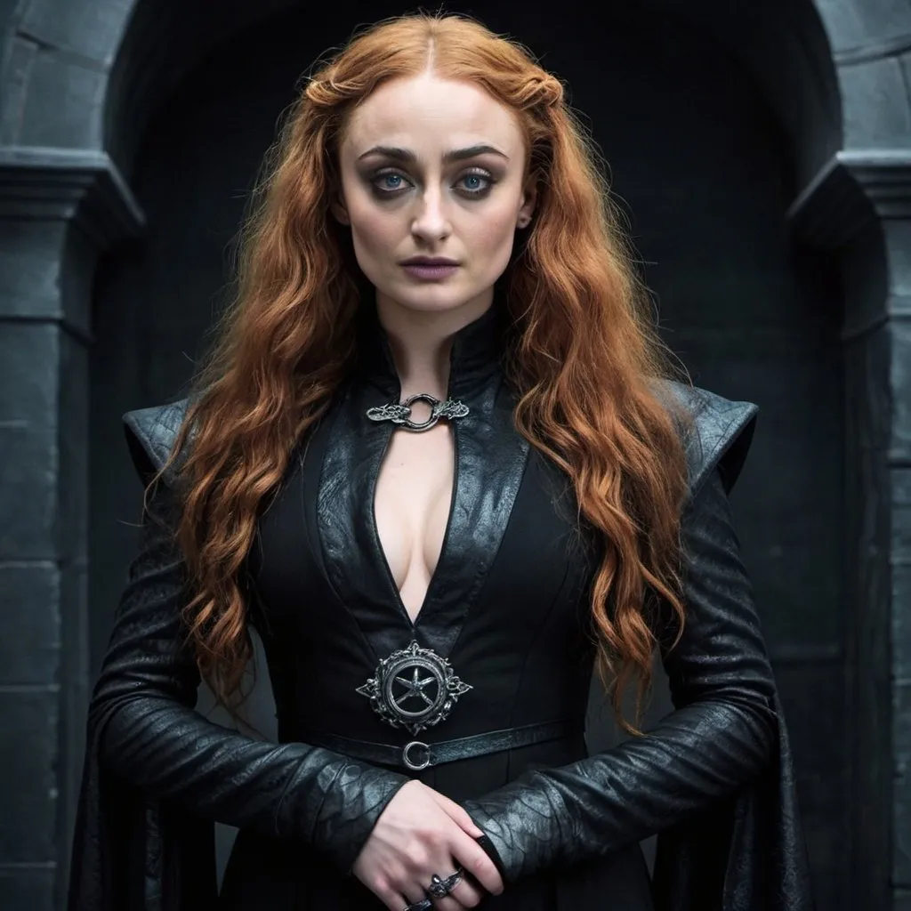 Prompt: Sophie Turner dressed as Bellatrix lestrange