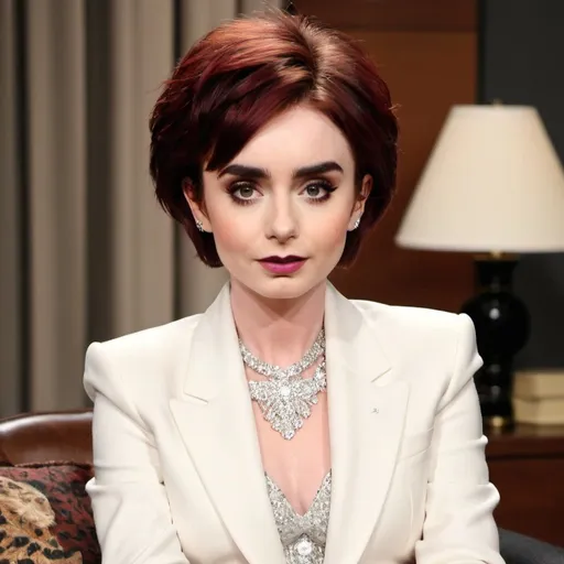 Prompt: Lily Collins dressed as sharon osbourne