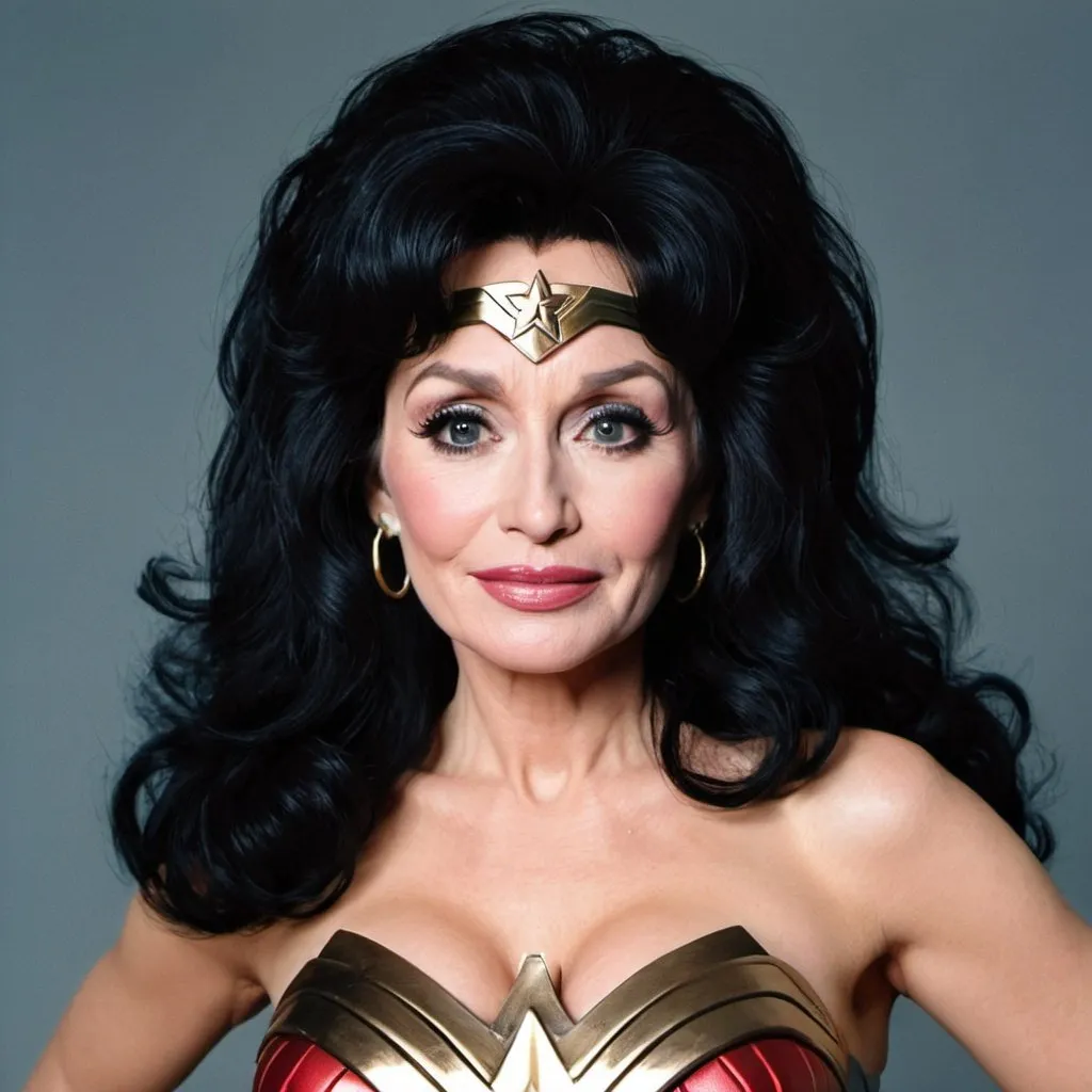 Prompt: Dolly Parton dressed as Wonder Woman  with big bouffant black hair